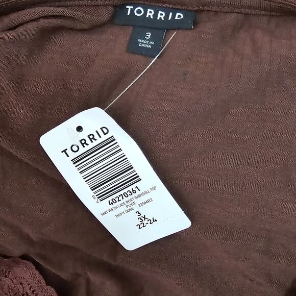 Torrid Chocolate Brown Knit V-Neck Lace Inset Babydoll Top Shirt Plus Size 3 3X - Picture 9 of 12